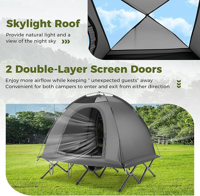 GYMAX 2-Person Tent Cot, 3 in 1 Folding Off-Ground Cot Bed Combo with Portable Wheeled Bag, Waterproof Rainfly, 2 Mesh Doors & Skylight Roof for Hiking, Backpacking, Outdoor