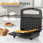 Sunvivi 3 in 1 Sandwich Maker, Electric Waffle Maker with Removable Non-stick Plates, 800W Panini Press Grill with Glass Top, Cool Touch Handle & Easy to Clean, Black