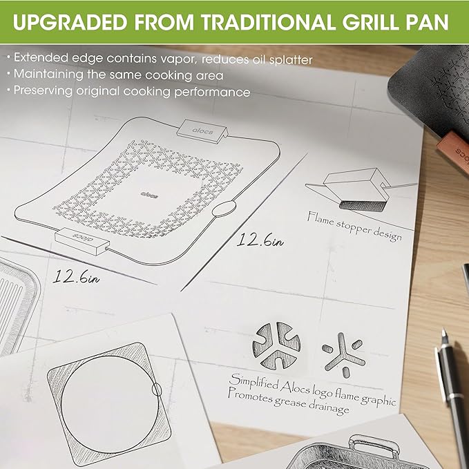 Alocs Korean BBQ Grill Pan with Bag, 12.6'' Cast Aluminum Nonstick Coating, Lightwight 2.2 Pounds, Rectangular Grill Pan for Stove Top, Portable Outdoor Camping BBQ