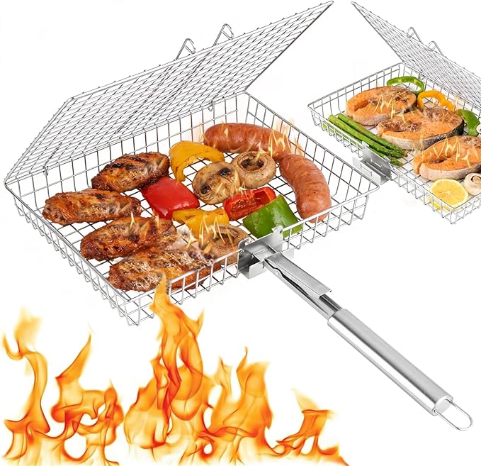 Grill Basket Set for Outdoor Grilling - Large Capacity Fish Grill Basket & Grilling Rack - Food Grade Stainless Steel Portable Flat Basket with Removable Handle for Vegetables, Shrimp & Camping (XL+L)