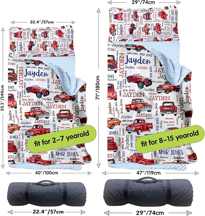 Personalized Toddler Nap Mat for Preschool, Custom Name Kids Sleeping Bag for Daycare, Kindergarten Roll Up Sleeping Mat with Removable Pillow and Soft Blanket, Fun Themes for Boys & Girls