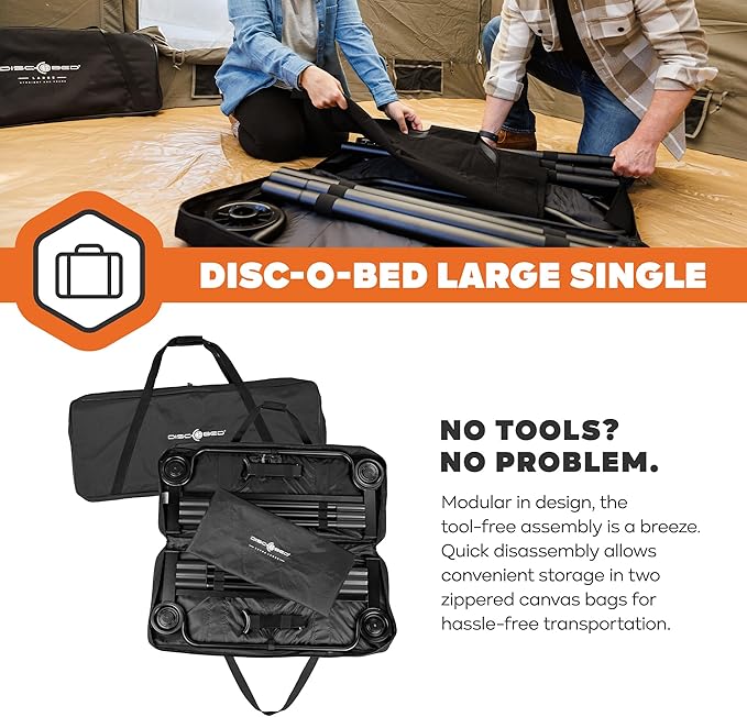 Disc-O-Bed Large Outdoor Modular 1 Person Single Camping Cot Portable Bed for Adults, Sleep Solution for Tents, Black