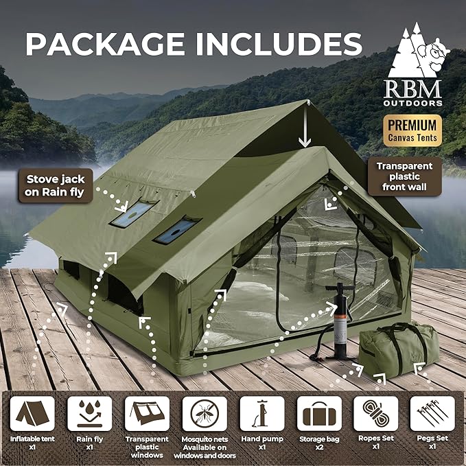 Inflatable Canvas Camping Tents with Stove Jack – Air Beam Blow Up Family Camping Tent for 2–6 People, Fast Setup Shelter with Hand Pump