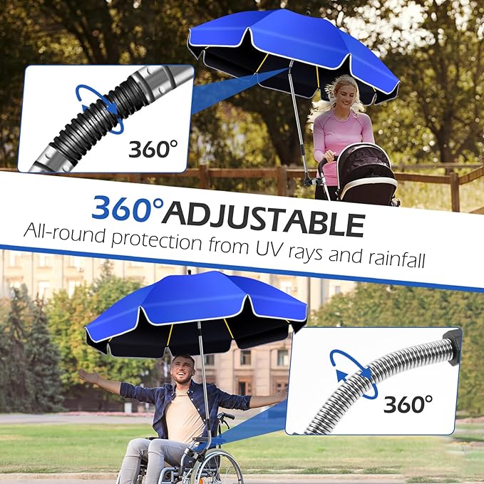 2Pack 48.8 inch Large Beach Umbrella with Clamp Sun Shade for Beach Chair, 360°Adjustable UV Protection Golf Umbrella with Clip for Outdoor Stroller Wheelchair Camping Chair