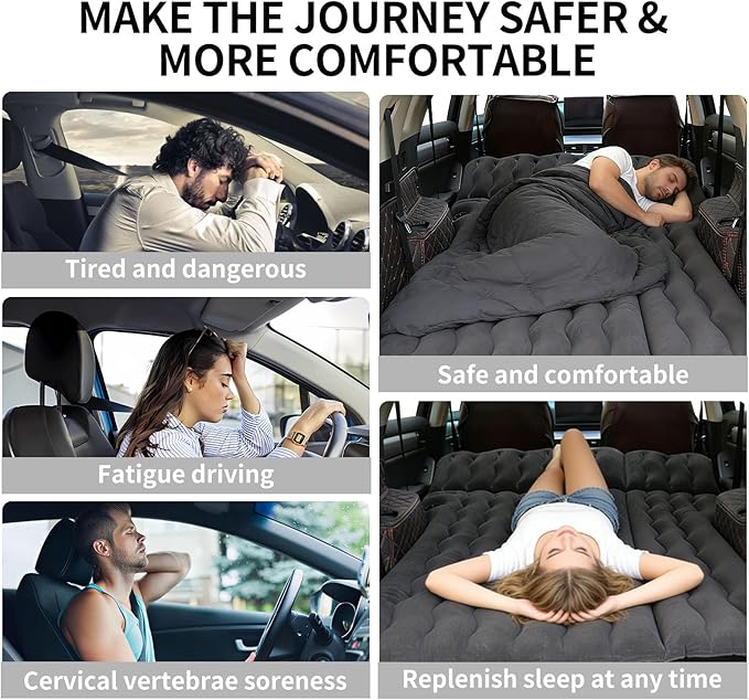 Car Air Mattress, Inflatable SUV Truck Camping Mattress for Back Seat, Thickened Travel Car Bed Sleeping Pad with Air Pump 2 Pillows (SUV-Black, SUV Air Mattress)