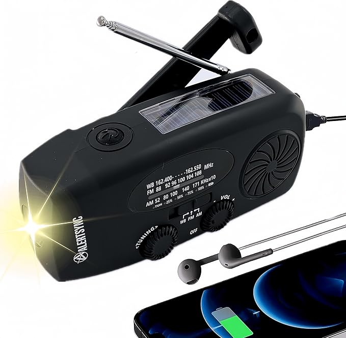 18500mWh Weather Emergency Radio, Portable Solar AM/FM/NOAA Hand Crank Radio, Cell Phone Charger with SOS, 1W LED Flashlight, Headphone Jack, Power for Emergency Preparedness (5000mAh Black)