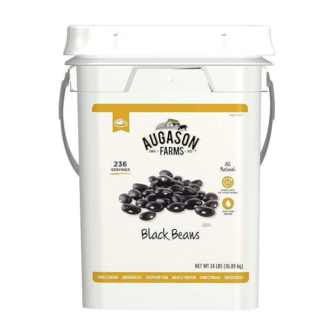 Dried Black Beans Emergency Food Supply, 237 Servings, 30 Year Shelf Life, Good Source of Iron, Protein, and Potassium, High in Fiber - Dehydrated Meals, Survival Food Camping Essentials, 4 Gallon Bucket