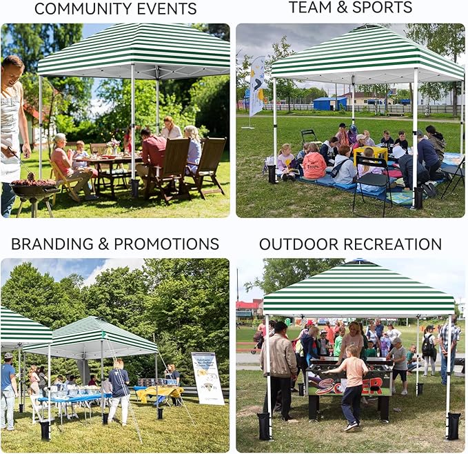 Nazhura 10' x 10' Pop Up Canopy with Sand Weight Bag, Awing for Patio, Freestanding Sun Shelter for Picnic and Camping, One Person Setup, White (Green Stripe)