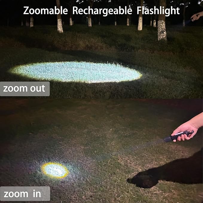 2 Pack Solar Flashlight, Rechargeable Zoomable LED Flashlight, High Lumens Solar Powered Flashlights with Tail Hook Rechargeable Handheld Flashlights for Home Emergency Camping Hiking