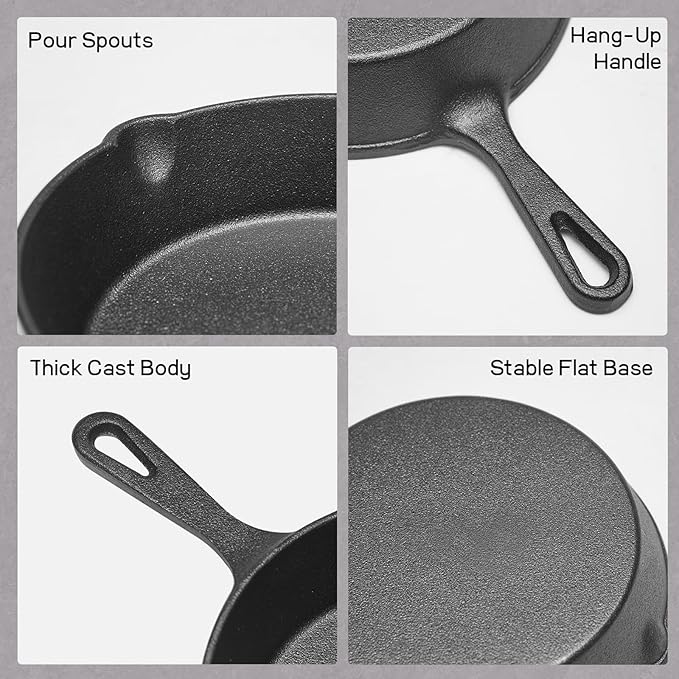 WANGYUANJI Cast Iron Skillet Set - 3-Piece (6/8/10 Inch) Uncoated Raw Iron Frying Pans - Traditional Heavy Duty Cookware for Oven, Grill, Campfire - Requires Seasoning for Natural Non-Stick