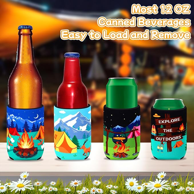18 Pack Camping Can Cooler Sleeves Beer Drink Can Bottle Cooler Collapsible for Camp Themed Bachelorette Party Wedding Birthday Decorations Office Bar Supplies Favors