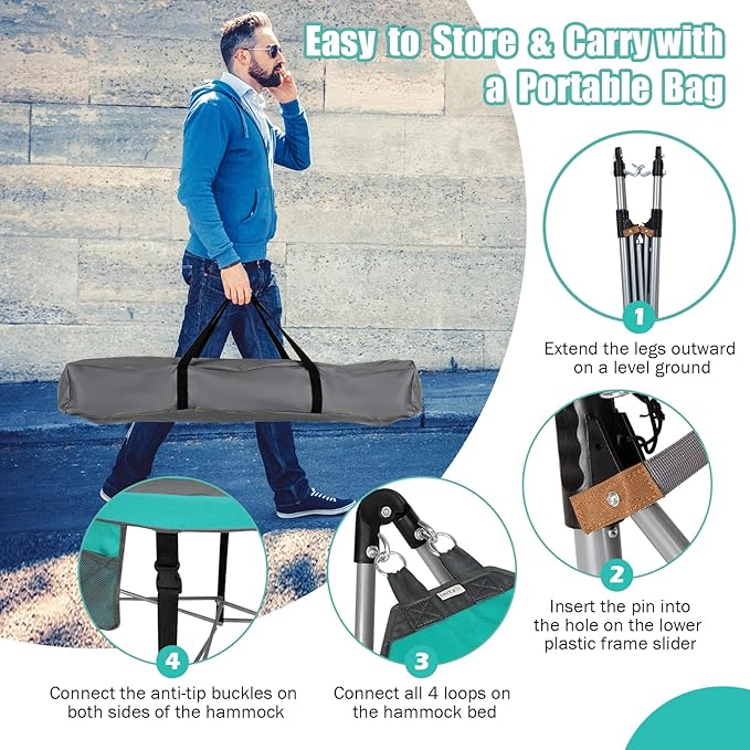 Portable Folding Hammock w/Side Pocket, Lounge Camping Bed w/Metal Stand & Anti-tip Buckles, Outdoor Camping Hammock with Carrying Bag for Patio Garden Yard, Easy Assembly (Turquoise)