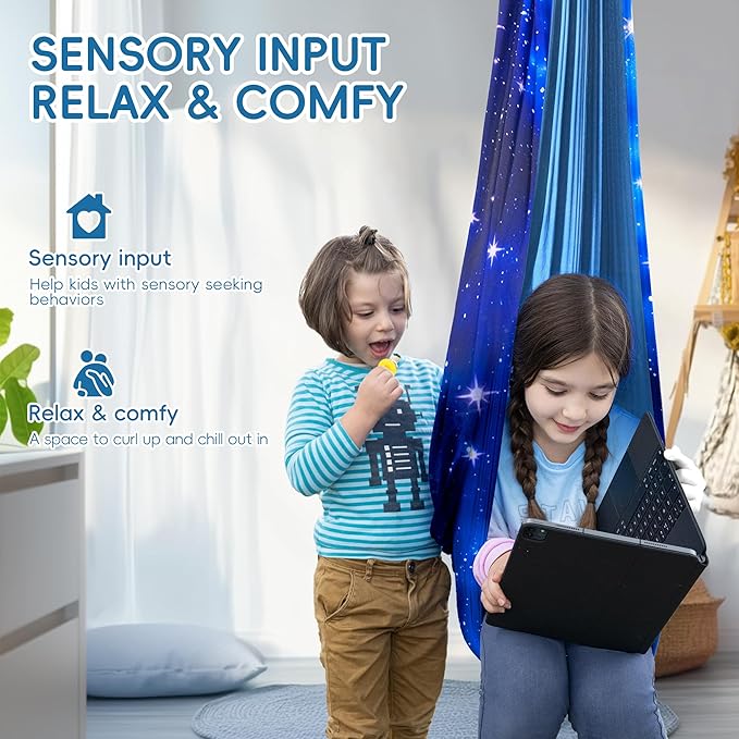 OUTREE Sensory Swing for Kids, Double Layer Therapy Hammock, Indoor Swing with 360° Swivel Hanger Kit and Adjustable Straps, Autism Sensory Product for Autism, ADHD (Blue Starry-Sky Printed)