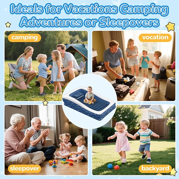 Inflatable Toddler Travel Bed: Portable & Safety - Blow Up Toddler Bed Travel with 4 Sides - Kids Air Mattress Ideal for Outdoor Camping - Easy to Inflate Deflate and Clean (67”, Blue)