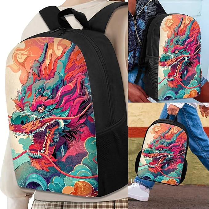 3PCS Colorful Dragon Backpack for Boys 17 Inch Large Capacity Bookbag and Lunch Box Set for Boys Cool Lightweight Teens School Bags 9-10 Years for Back to School Travel Rucksack