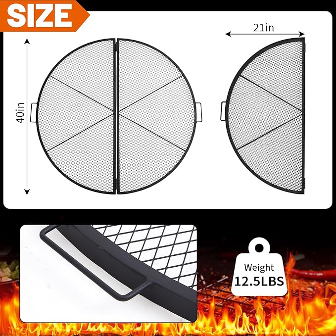 40 Inch X-Marks Fire Pit Grill Grate Round Foldable Fire Pit Cooking Grate Heavy Duty Steel Campfire BBQ Grill Grid with Handles for Outdoor Camping Cooking, Black