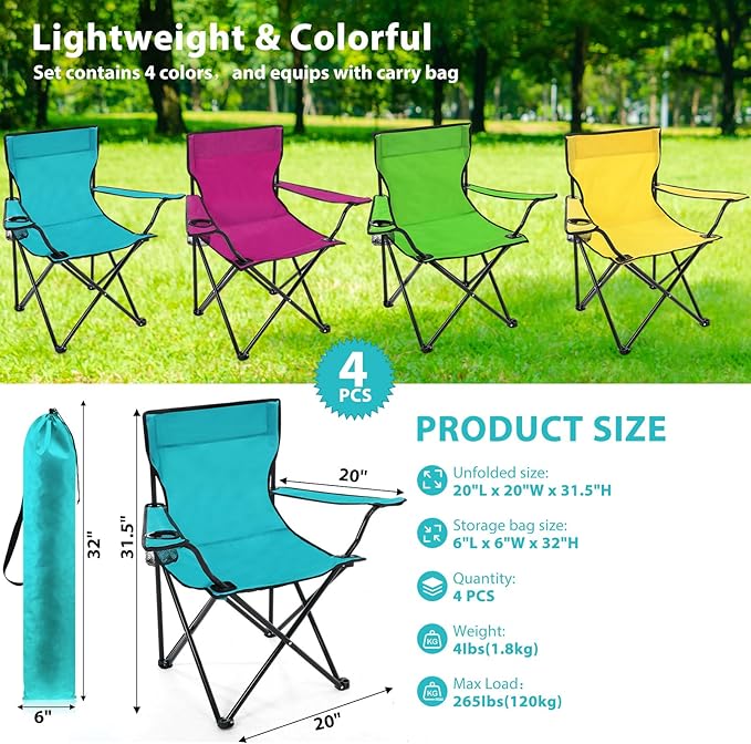 4 Pcs Folding Camping Chairs with Cupholder and Carry Bag Regular Size Portable Lightweight Lawn Chair with Mesh Side Pocket for Fishing Hiking Picnic Beach Outdoor Party (Stylish)