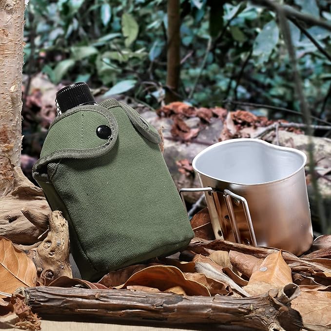 Military Canteen Cookware Set Include 1 QT Military Army Aluminum Alloy Canteen 0.5 QT Multi-Functional Water Bottle with Grab Handled Cup Green Canvas Cover Bag for Outdoor Camping Hiking