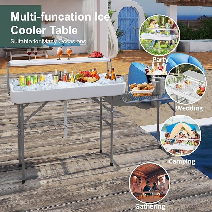 Two Tier Ice Cooler Table with Foldable Extension Stand, 4 Foot Outdoor Ice Table with Matching Skirt & Drain Hose, Folding Cooler Server with Metal Shelf for Party, BBQ, Camping Picnic, White