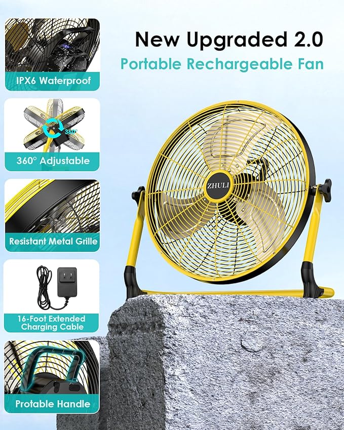 ZHULI 14" Solar Fan, Portable Battery Operated Floor Fan, Rechargeable Cordless Camping Fan, 30W Solar Panel, Hi-Velocity Brushless Motor, Metal Blade, USB Phone Charge, 8~60H Runtime, Quiet, Wireless