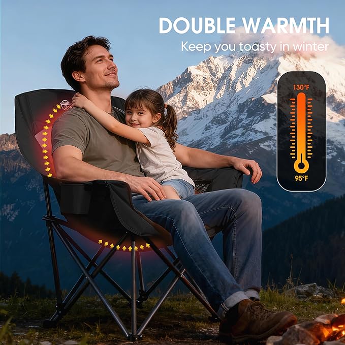 Heated Oversized Camping Chair 3 Level Heating Heavy Duty Padded Folding Camping Chairs for Adults with Cup Holder for Outdoor Sports Lawn Garden