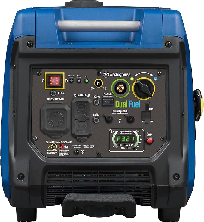 Westinghouse 5000 Peak Watt Super Quiet Dual Fuel Portable Inverter Generator, Wheel & Handle Kit, Gas & Propane Powered, RV Ready, CO Sensor, Parallel Capable
