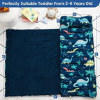 PHF Toddler Nap Mat with Removable Pillow and Minky Fleece Blanket, Rollup Design Warm Slumber Bags for Boys, 52"x20"x2" Kids Sleeping Bag for Daycare Preschool Travel Camping, Dinosaur