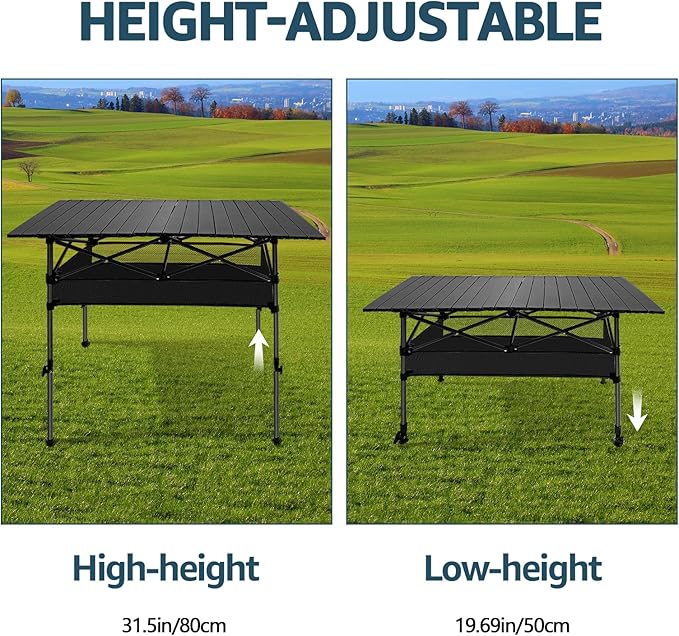 4FT Camping Table, 47" x 21" Steel Fold Up Lightweight Table, Adjustable Height Folding Picnic Table with Carry Bag for Camping, Picnic, Backyard, BBQ, Patio