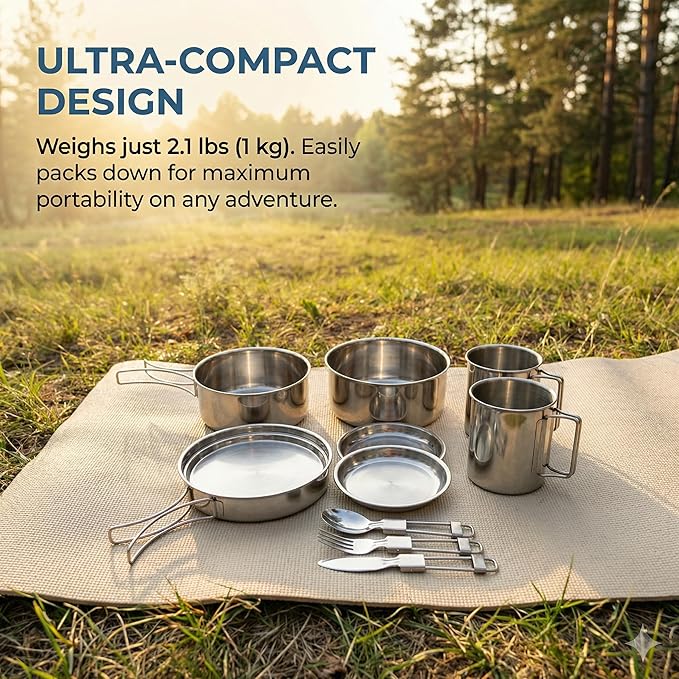 14-Piece Camping Cookware Set, 304 Stainless Steel Pots and Pans with 2 Sets of Cups, Plates, Forks, Knives, and Spoons for Camping, Backpacking, Outdoor Cooking, and Picnic
