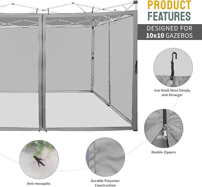 CROWN SHADES Gazebo Mosquito Net for 10 x 10 Pop Up Canopy - Patio Gazebo Mesh Sidewall with Zipper for Outdoor Tent, Garden and Backyard (4 Packs, Grey)