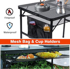 Folding Grill Table, 3x2 FT Portable Camping Table, Height Adjustable Metal Tables with Mesh Desktop and Mesh Bag, Outdoor Furniture for Camping, Picnic, Beach and BBQ, Black