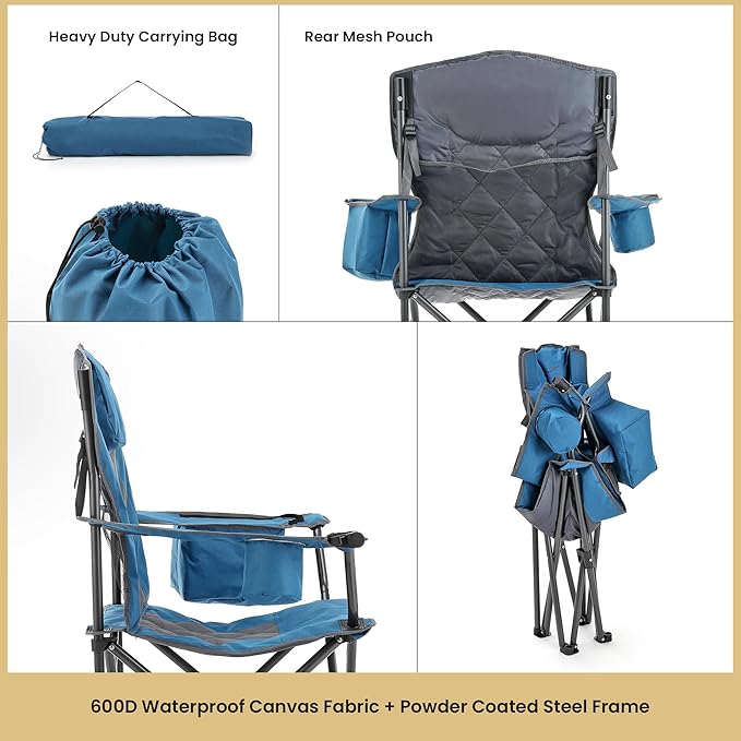 ARROWHEAD OUTDOOR 2-Pack Portable Deluxe Folding Camp Quad Chair w/Headrest, Glass & Cup Holders, Armest 6-can Cooler, Heavy Duty Carry Bag, 550 lbs Weight Capacity