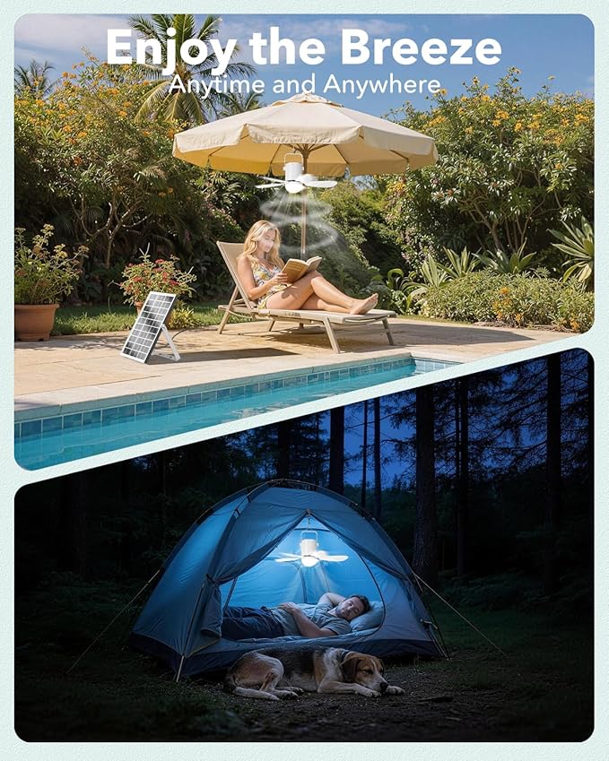 21” Solar Ceiling Fan Light, 35W Solar Powered Gazebo Fan with Remote Control, Rechargeable Battery Operated Portable Camping Fan Outside, for Tent Patio Greenhouse Porch Canopy Pergola