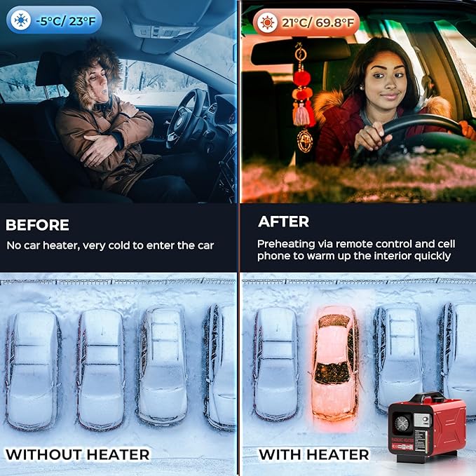 Diesel Heater all in one 12V/24V/110V 8KW portable car heater with App Control, Remote Control and Display Screen, 3 Ways Control Fast Heating Low Noise Diesel Parking Heater for Tent, Car, RV, Camper