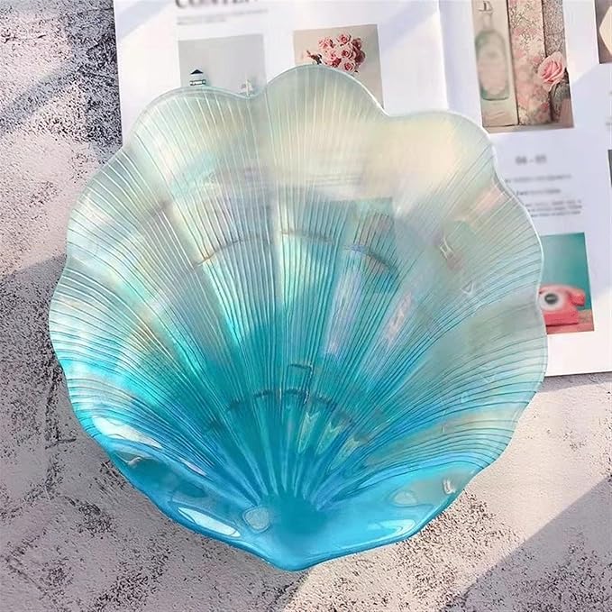 Camping Plates Creative Shell-Shaped Glass Dinner Plate Gradient Color Plate Salad Fruit Plate Dessert Home Kitchen Plate Tableware Decorative Plate(19.5cm)