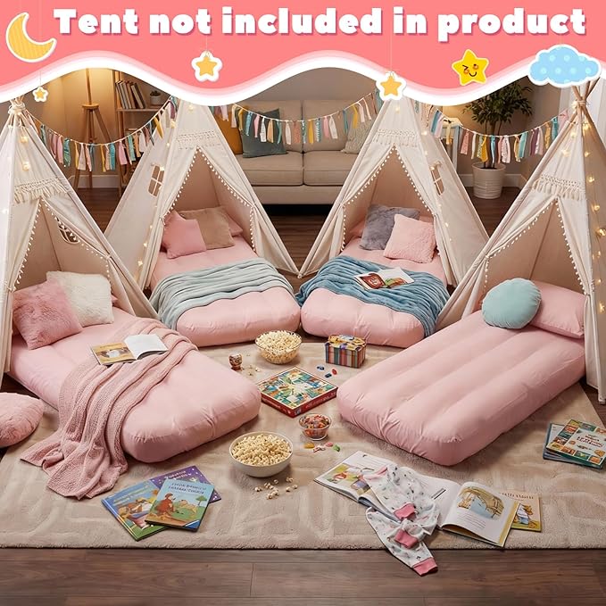 Windyun 4 Sets Kids Air Mattress Bulk with Fitted Sheet,Toddler Inflatable Bed 63 x 27 x 8 Inches Blow up Airbed Camping Sleeping Pad for Aged 3-10 Years Old Birthdays Slumber Sleepover Party (Pink)