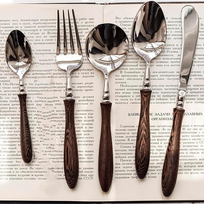 60 Piece Silverware Set Service for 12,Premium Wooden Handle 18 8 Stainless Steel Flatware Set Home Include Fork Knife Spoon Set Gift Package for Christmas and Thanksgiving（Dark Brown)