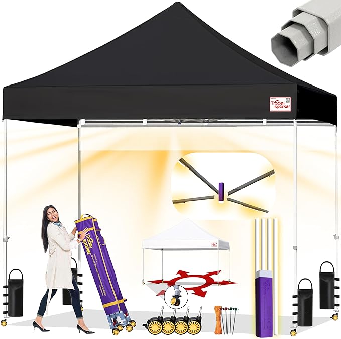 Tradesparker 10x10 Pop Up Canopy Tent,Commercial Movable Canopy with ApexCore LED&Rugged Casters-Instant Easy Setup Shelter Canopies with Weight Bags&Stakes for Outdoor Events Markets Vendors,Black