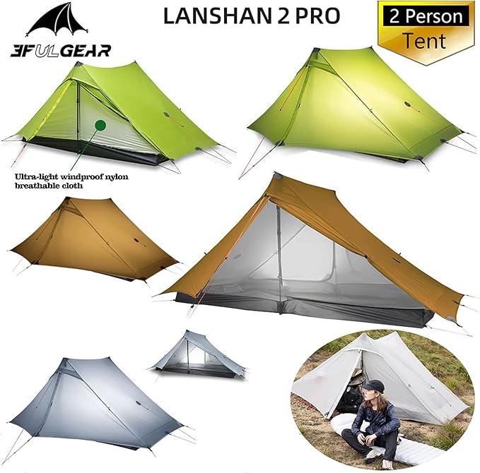 3F UL Gear Lanshan PRO Lanshan Ultralight Tent Ultralight Tent 3-Season Backpacking Tent for 1-Person or 2-Person Camping, Climbing, Hiking, Trekking, Kayaking (for 2 Person, Gray- 4 Season)