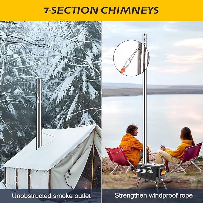 Black Wood Burning Tent Stove, 7 Section Stainless Steel Chimney, Portable Hot Tent Stove for Camping, Hunting, Ice Fishing