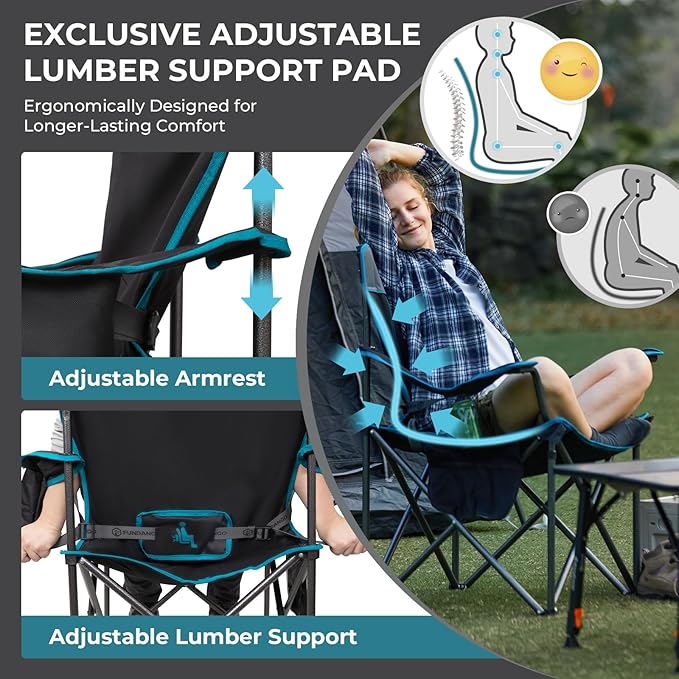 FUNDANGO Oversized Camping Chair for Adults,550lbs Heavy Duty Foldable Portable Lawn Chair with Padded Seat & Back, 4-can Cooler & Cup Holder, Carry Bag Included for Outdoor (Black/Grey)