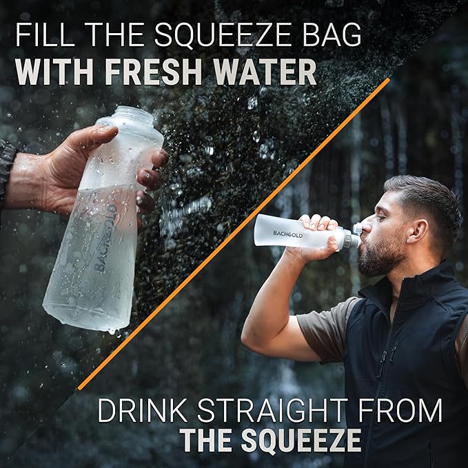 Water Filter Camping – Bachgold Foldable Squeeze Portable Water Filter for Hiking, Backpacking & Emergency Use | Ultralight Outdoor Filtration Bottle, Swiss Design