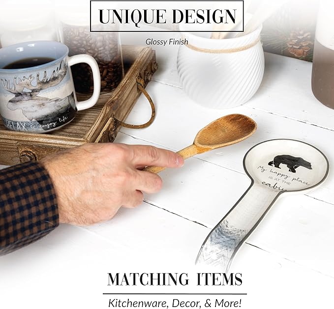 Pavilion Gift Company - At The Cabin - Bear 9" Stoneware Ceramic Spoon Rest Woodsy Outdoorsy Adventure Cabin Camping Camper Camp RV Tent, Gray & White