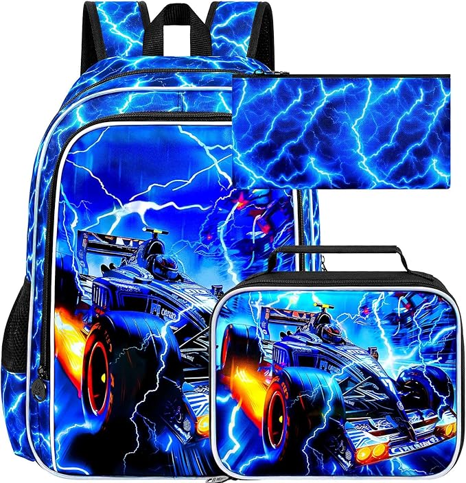 17" Cars Backpack for Boy, 3Pcs Lightning Bookbag for Elementary Preschool Kindergarten, Kids School Backpacks with Lunch Box (Blue)