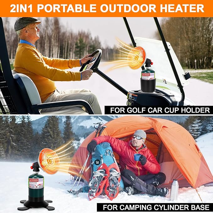 Golf Cart Heater, Portable Propane Heater with Self Igniter, 2-in-1 Outdoor Space Heaters with Cup Holder & Cylinder Base, Golf Cart Accessories, Cordless Camping Heaters for Tents,Hunting,Ice Fishing