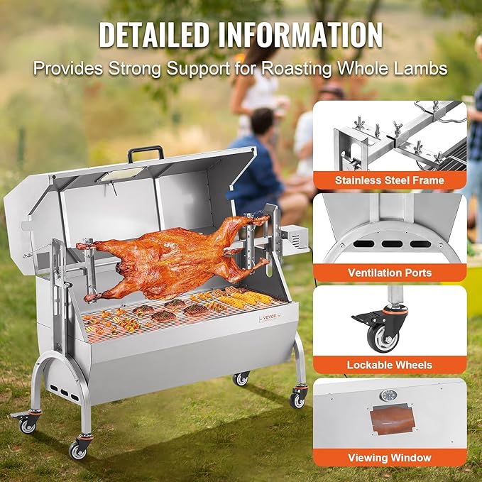VEVOR Rotisserie Grill with Hooded Cover Roaster, 46 Inch 198Lbs Capacity, BBQ Outdoor Pig Lamb Rotisserie Roaster, Electric 52W Motor Stainless Steel Roasterfor Camping Outdoor Barbecue