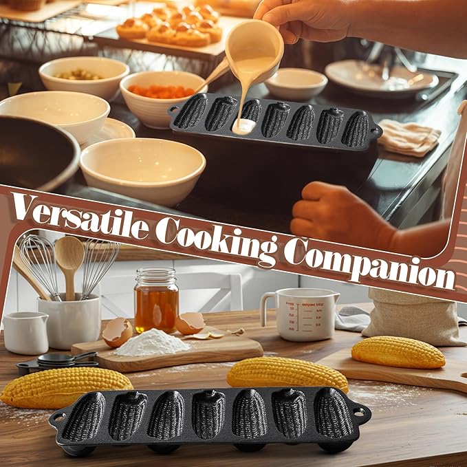 1 Pc Cast Iron Corn stick Pan Corn Bread Molds with 7 Corncob Sticks Cornbread Loaf Cakes Corndog Baking Compatible with Oven, Stovetop, Grill, and Campfires