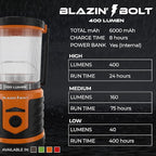 Blazin Bolt Rugged USB Rechargeable Lantern | 6000mAh Power Bank | 400 Lumen | 400 Hours of Light | 6 Modes | Camping, Emergency, Power Outage, Storm, Blizzard, Hurricane Survival