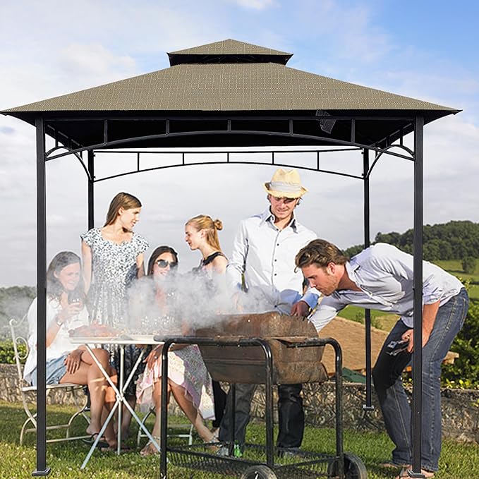 Grill Gazebo Replacement Canopy Roof – Hugline 5x8 Outdoor Grill Shelter Canopy Top Double Tiered BBQ Tent Cover Fit for Model L-GG001PST-F (Khaki Ripstop)