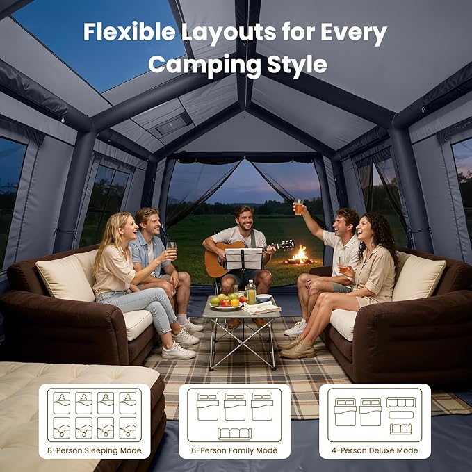 ABORON 2/6/8/10/12 Person Inflatable Camping Tent, Easy Setup Blow Up Tent with Hand Pump, PU3000mm Waterproof & Breathable 4 Season Glamping Tent for Outdoor Camping